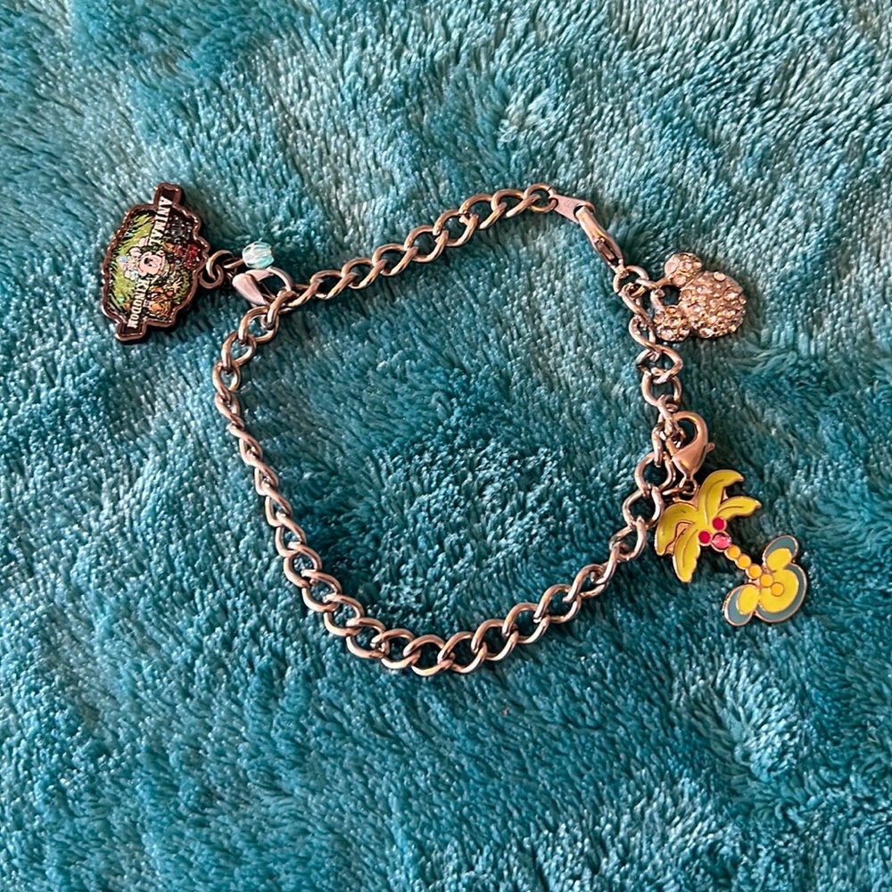 Disney charm bracelet with Mickey head, palm tree, and Animal Kingdom charms.